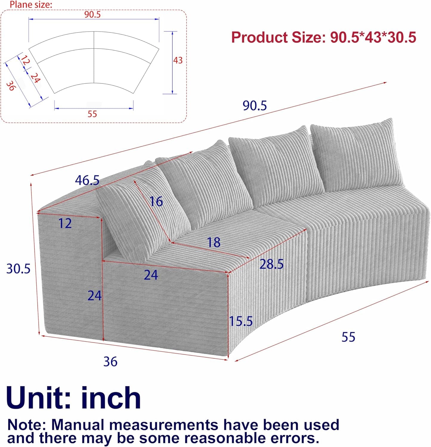KEIKI Corduroy Curved Sectional Sofa, 2 Seater Symmetrical Modular Semi Circular Couch, Deep Seat Tufted Corner Sofa for Living Room, Lobby, Beige