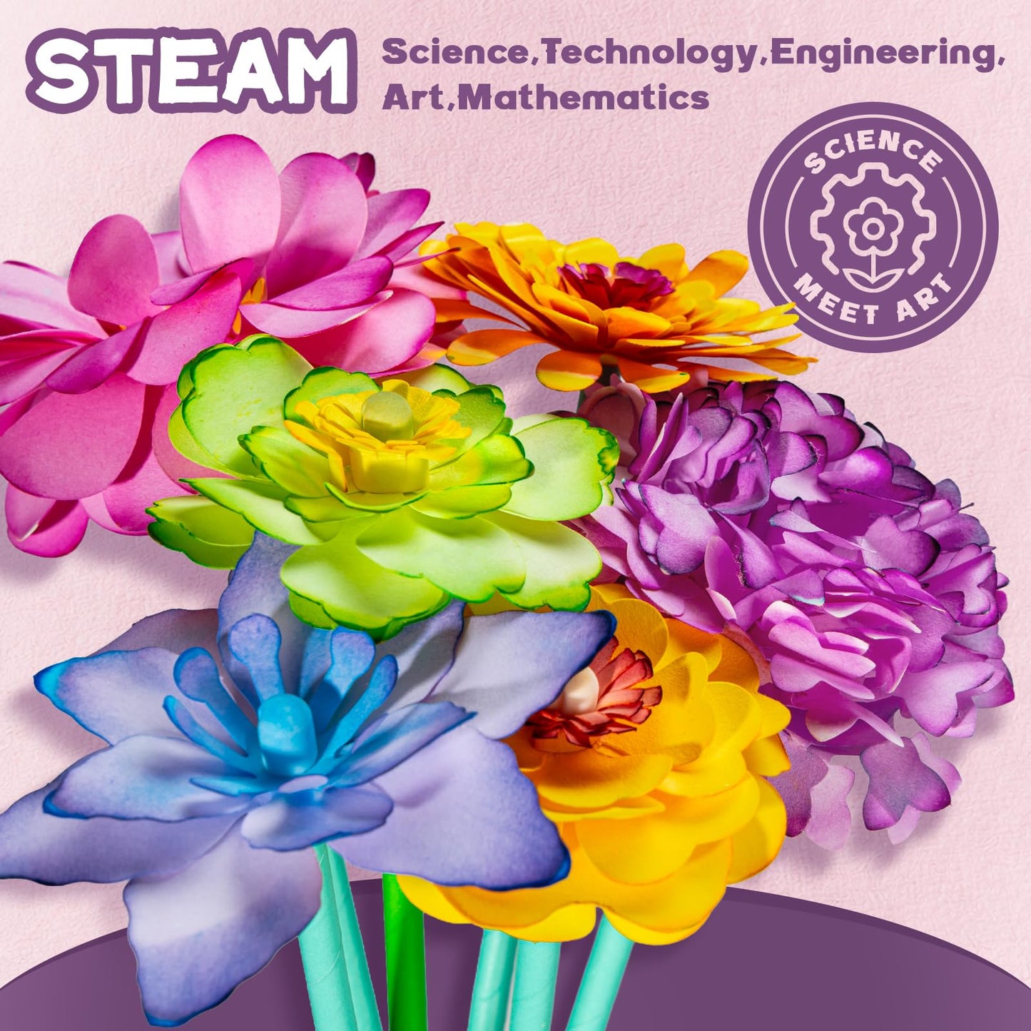 SOCBTNSO Paper Flower Crafts Kit for Kids, Bloomjoy Magic Petal Arts and Crafts Color Science, DIY Bouquet Maker, Flower Making Kit for Girls Age 6 7 8 9 10 11 12, Gifts for Mother Grandma Daughter