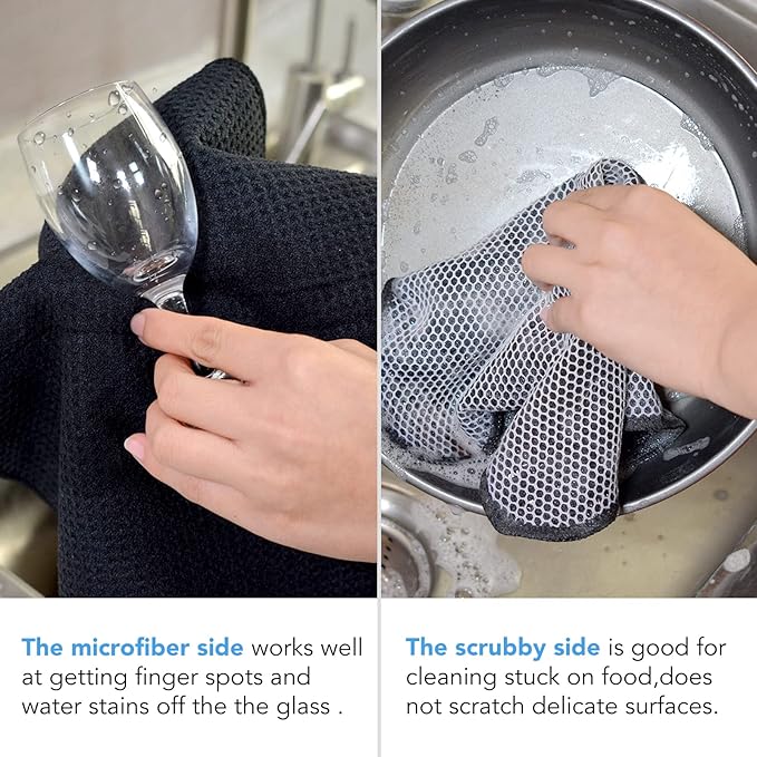 KinHwa Kitchen Washcloths for Dishes Absorbent Microfiber Dish Cloths Quick Dry Dish Rags with Poly Scour Scrub Side Ideal for Kitchen Cleaning (Black-B, 12inchx12inch 6 Pack)