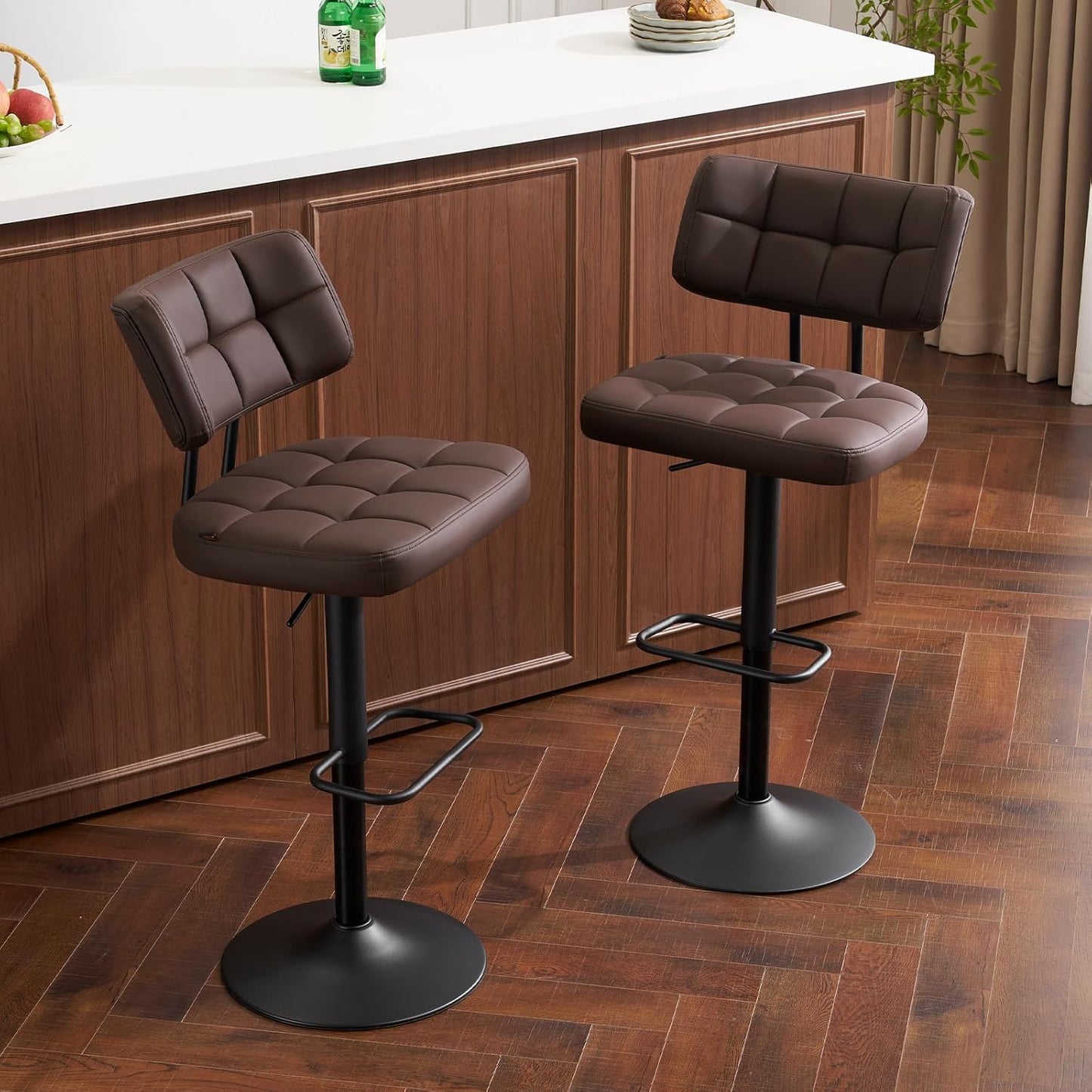 Furniliving Upholstered Bar Stools Set of 4, Faux Leather Swivel Bar Stools with Back, Adjustable Counter Height Barstools for Kitchen Island, Dining Space, Brown