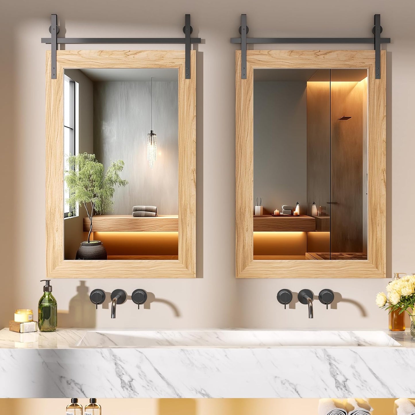 Hasipu Farmhouse Bathroom Mirror, 18"x26" Rustic Wood Framed Wall Mounted Mirror, Brown Vintage Vanity Mirror Barn Door Style Decrative Mirrors