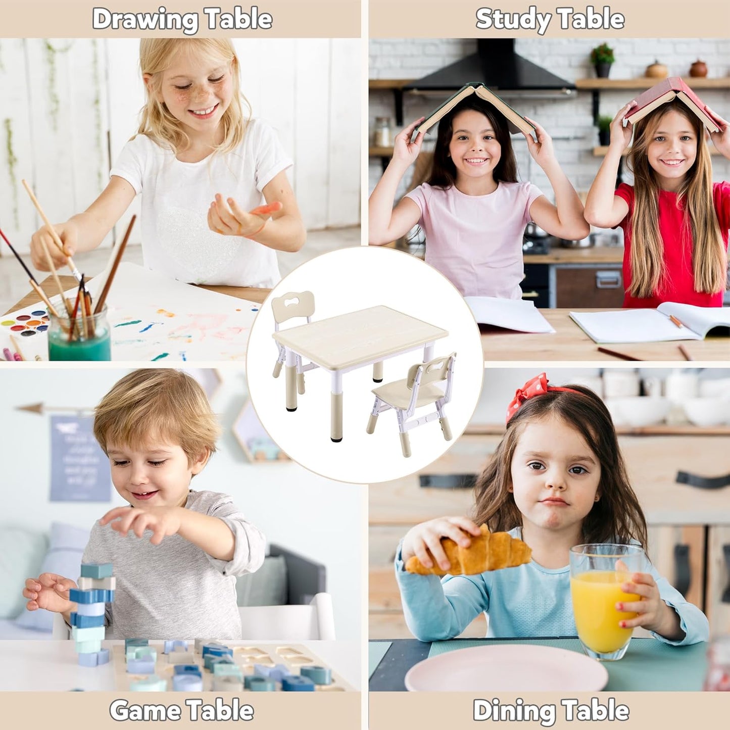 Adjustable Kids Table & Chairs Set for Ages 3-8 | 31.5"x23.6" Easy-Clean Activity Table | Meets ASTM/CPSC Standards for Daycare, Homeschool & Playroom (Natural-Wood, 2 Chairs)