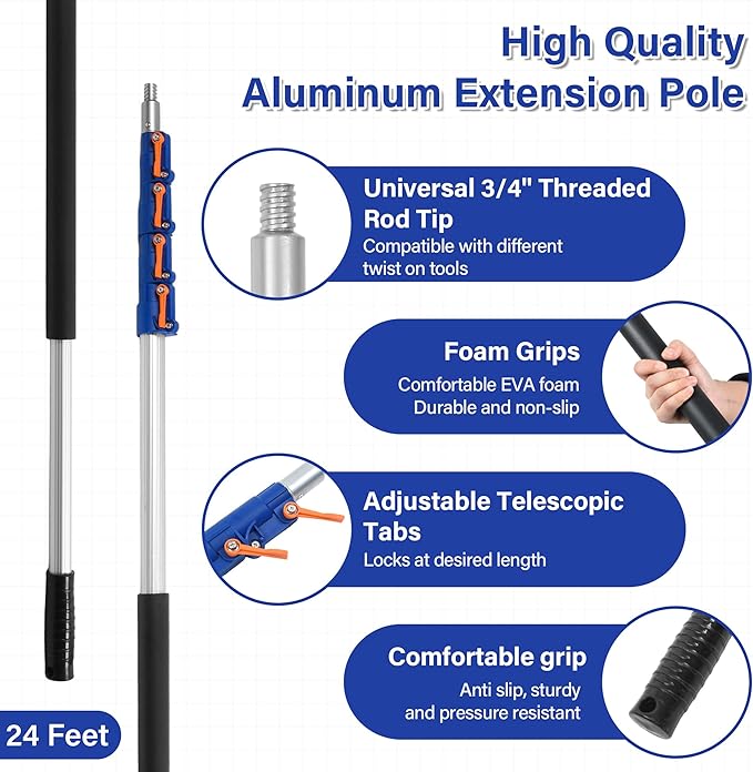 Telescoping Extension Pole, 6-24FT Multi-Purpose Extendable Pole with Universal Twist-on Metal Tip, Aluminum Telescopic for Paint Roller, Duster and Cleaning