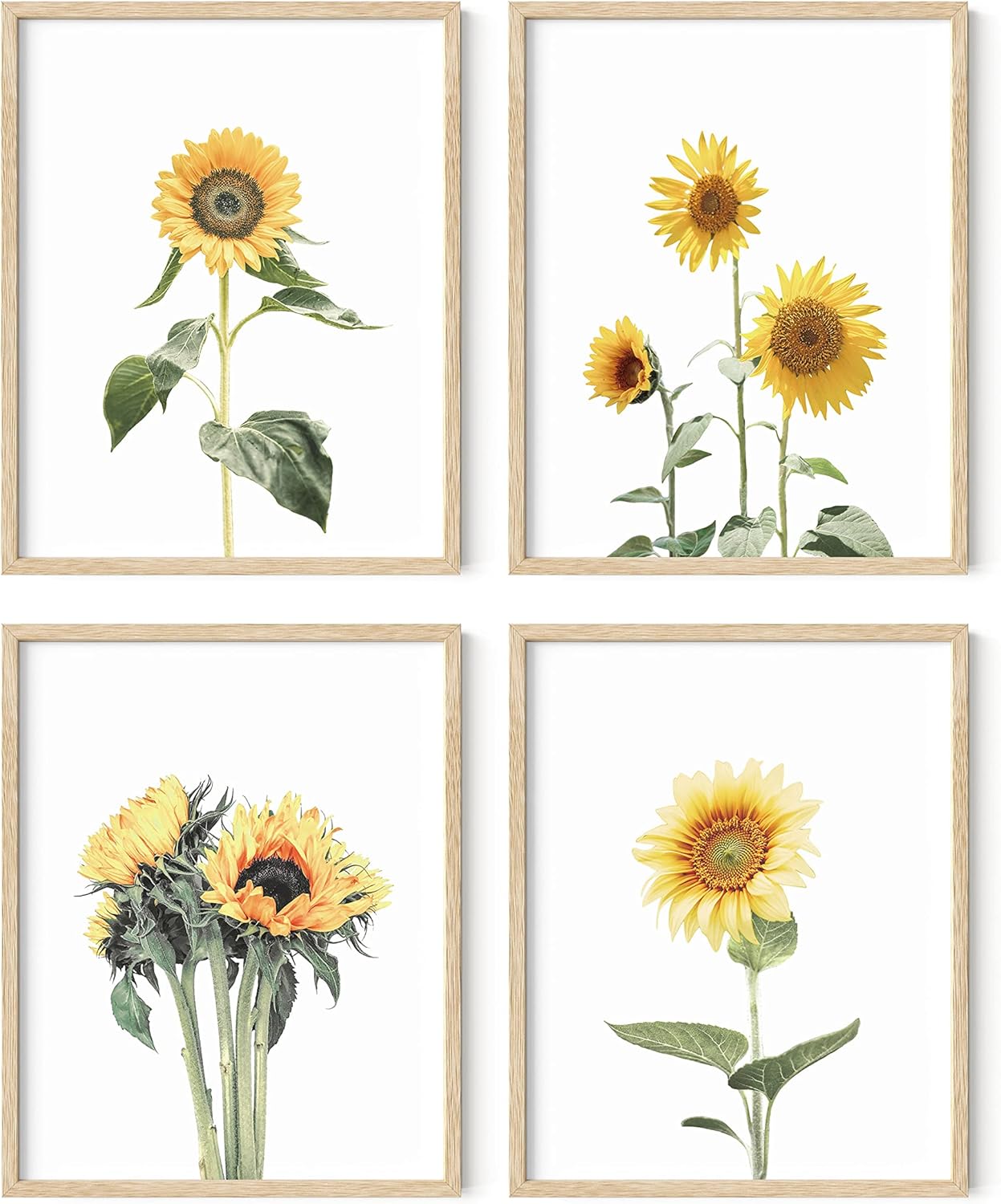 HAUS AND HUES Sunflower Wall Art Set of 4 - Posters and Paintings for Bedroom, Kitchen, Yellow Wall Decor (Beige Frame, 11x14)