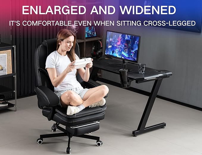 Big and Tall Gaming Chair 400lbs Heavy Duty Office Chair with Foot Rest & Lumbar Support, Ergonomic Wide Comfy Seated Cushion for for Gaming Room,Office Room, Black