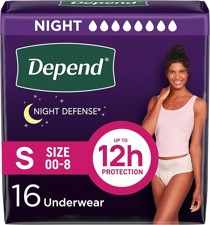 Depend Night Defense Adult Diapers, Incontinence & Postpartum Bladder Leak Underwear for Women, Disposable, Overnight, Small, Blush, 16 Count, Packaging May Vary