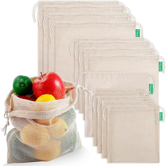 12+1 Pack Reusable Produce Bags, Cotton Mesh Produce Bags Reusable Washable, Grocery Bag, Double-Stitched Vegetable Bag with Drawstrings for Shopping, Transporting and Storing(4xS, 4xM, 4xL)
