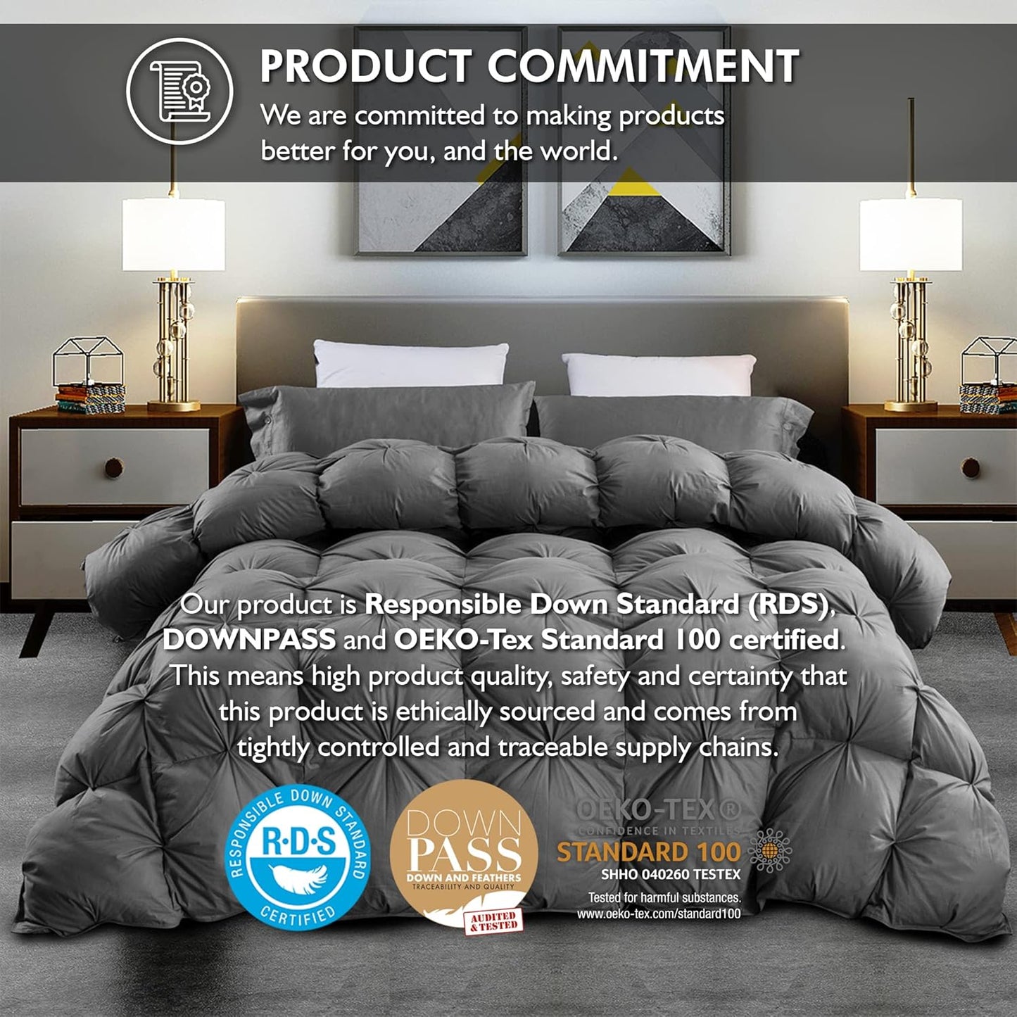 Luxurious Goose Down Feather Fiber Comforter California King Size Duvet Insert, Pinch Pleat Ruffled Twisted Flower, Premium Baffle Box, 100% Egyptian Cotton Cover, 75 oz. Fill Weight, Gray