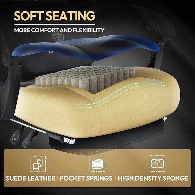 Dowinx Gaming Chair with Heated Massage Lumbar Support,Big and Tall Fabric Gaming Chairs for Adults with Footrest, Ergonomic Computer Game Chair with Poket Spring Cushions, 350lbs, Black and White