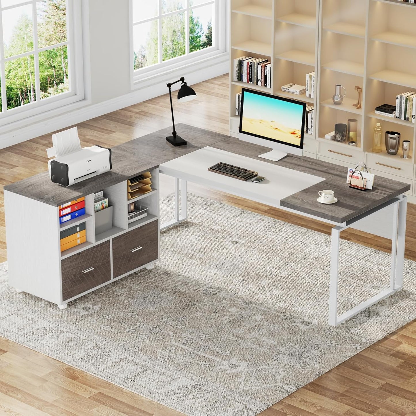 Tribesigns 2-Drawer Wood File Cabinet, Mobile Lateral Filing Cabinet for Hanging Letter Size Files, Printer Stand with Open Storage Shelves for Home Office (Grey & White)