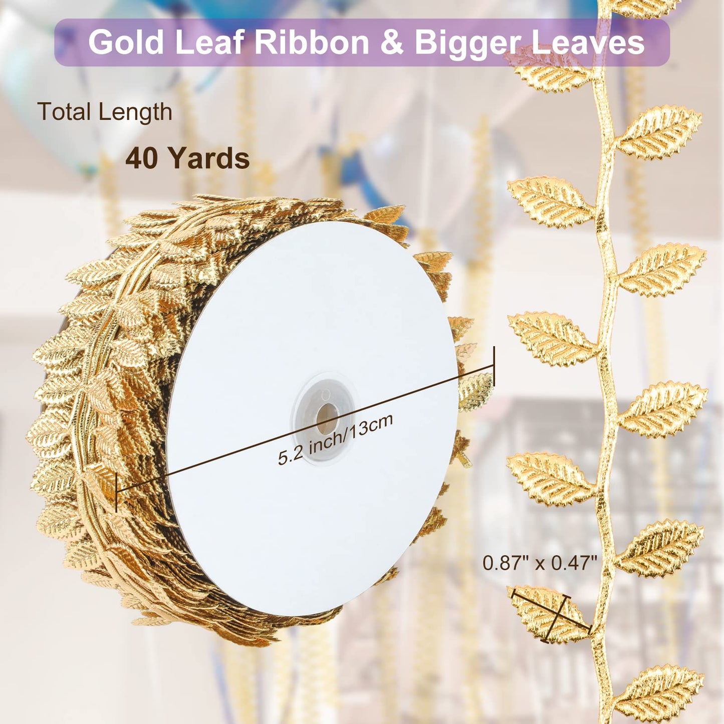 Naidiler Gold Leaf Ribbon, 40 Yards Artificial Gold Leaf Trim for DIY Crafts, Wrapping, Wedding Cake Baby Shower Party Wreath Garland Hair & Clothes Home Décor