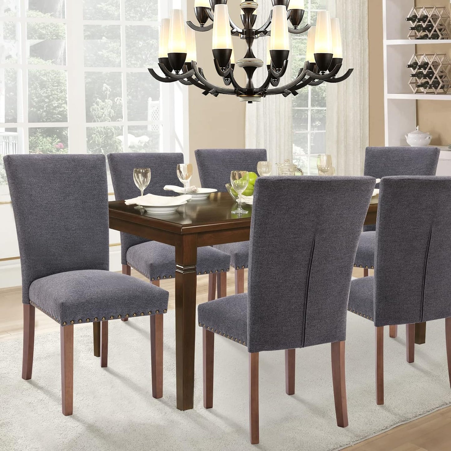 Parsons Dining Chairs Set of 4, Upholstered Nailhead Dining Room Kitchen Side Chair with Thick Cushions and Wood Legs, Dark Grey