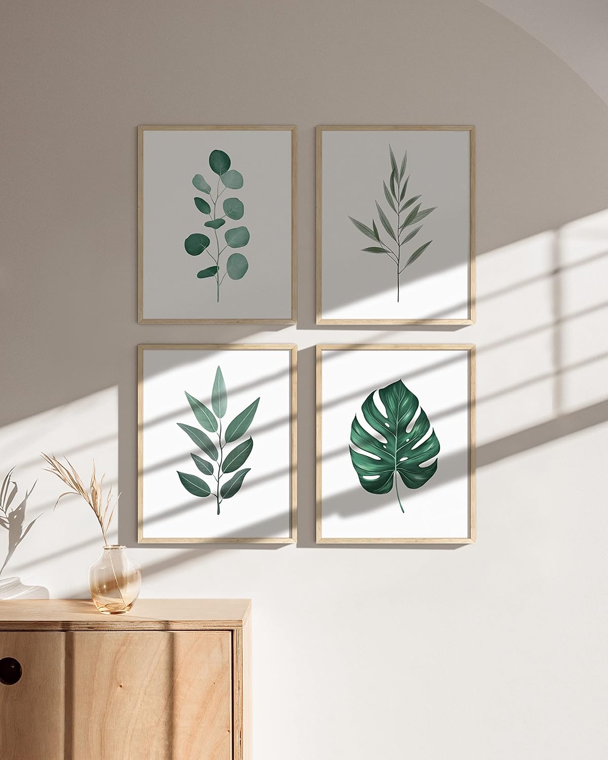 HAUS AND HUES Framed Botanical Wall Art - Set of 4 Tropical Leaf Prints, Sage Green Plant Wall Decor, Minimalist Leaves Art (Beige Frame, 8x10)
