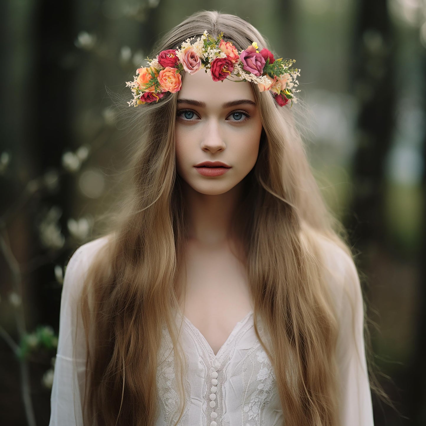 Vivivalue Rose Flower Crown Boho Flower Headband Hair Wreath Floral Headpiece Halo with Ribbon Wedding Party Festival Photos Pink