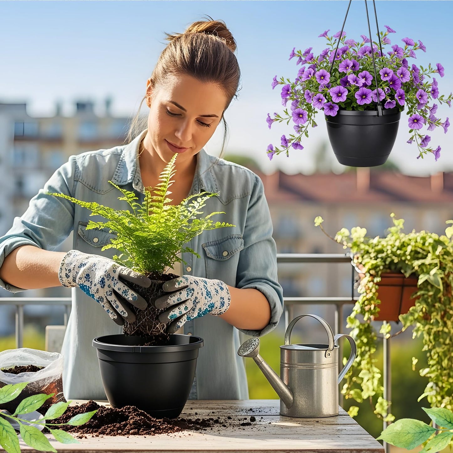 Roshtia 50 Pcs 6.3 Inch Plastic Hanging Pots for Plants Bulk with Hooks Hanging Basket Planters Pots Drainage Tray Nursery Planter Holder for Outdoor Indoor Plants Flowers Garden Balcony Porch Black