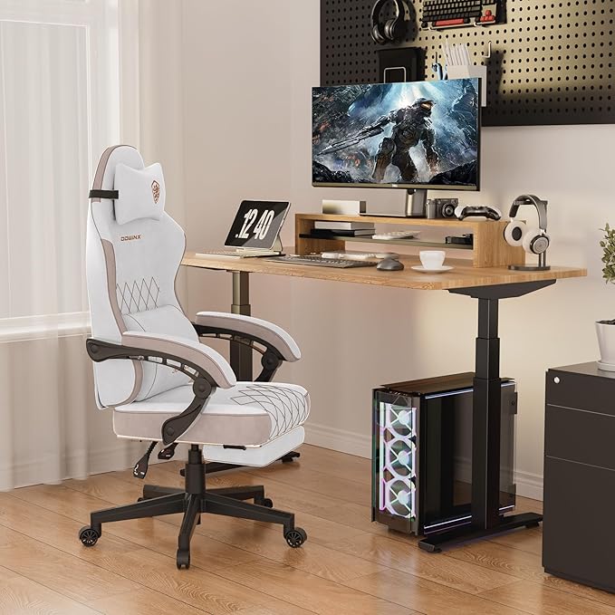 Dowinx Gaming Chair, Fabric Gaming Chairs for Adults with Pocket Spring Cushions and Lumbar Support, Ergonomic Massage Computer Chair with Footrest for Big and Tall, Beige