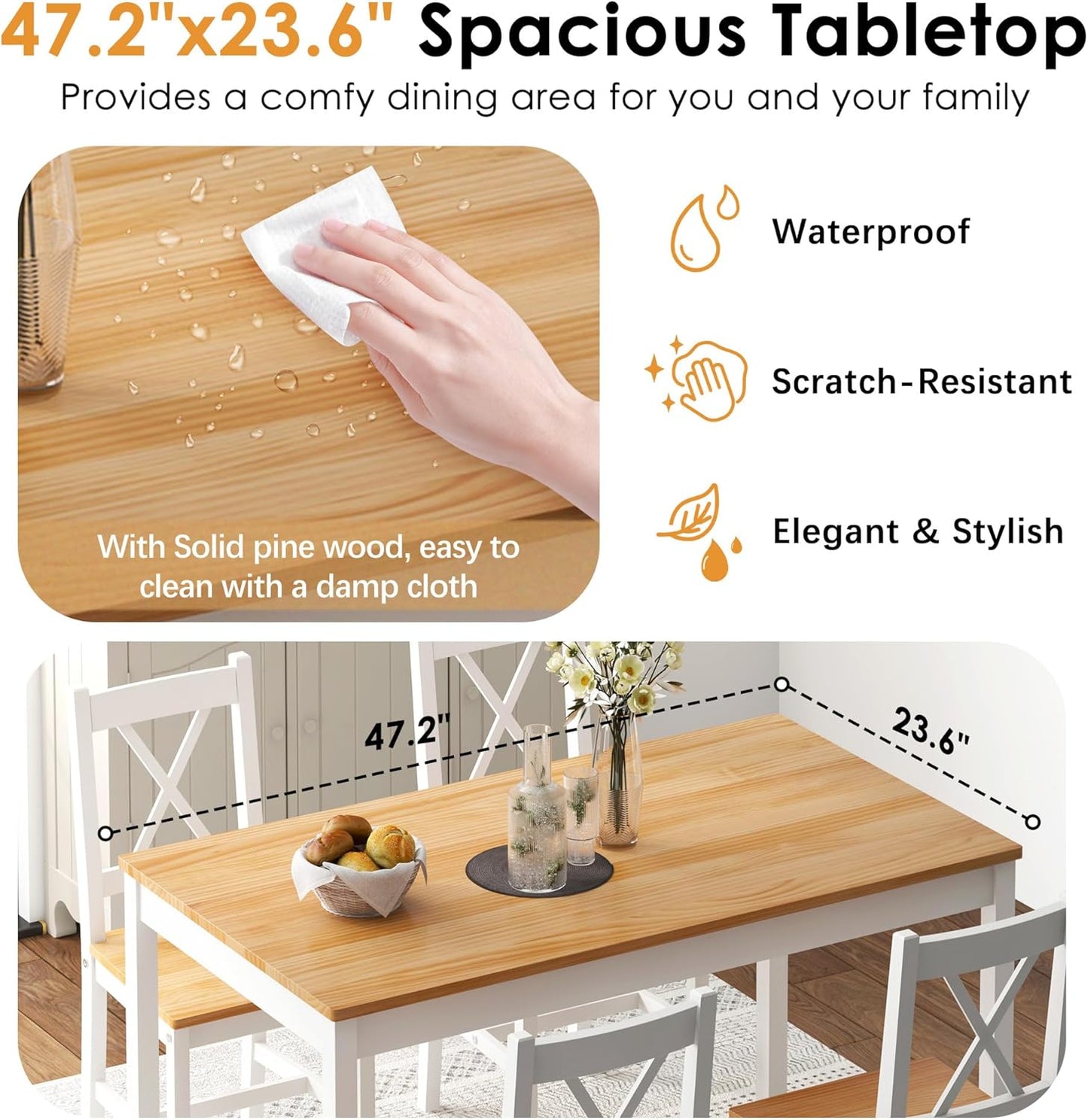 sogesfurniture Dining Table Set for 4，Dinette Set for 4 Small Space,5 Pieces Dining Table for Kitchen, Dining Room 47.5'', Pine Wood,Oak&White