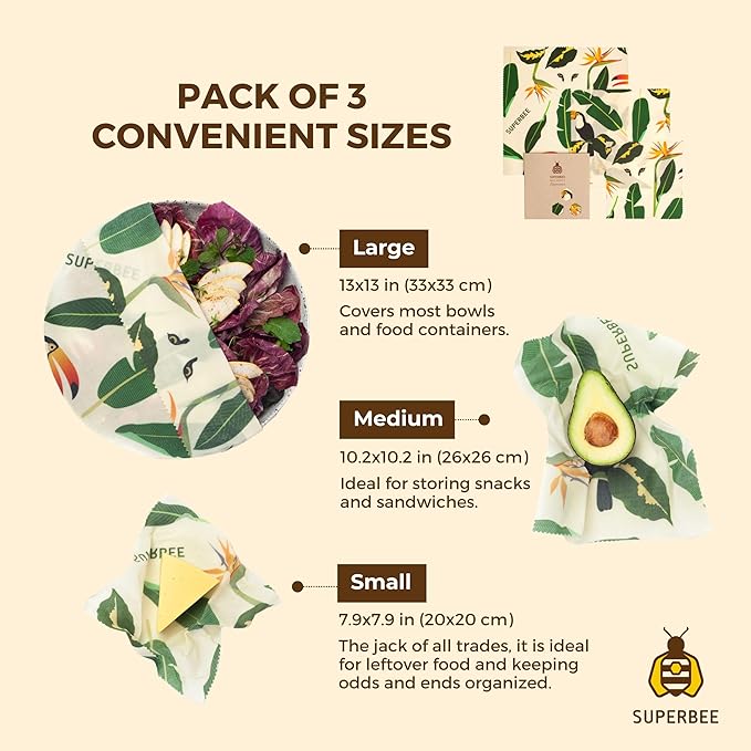 SUPERBEE Beeswax Wrap for Food, Set of 3 Bees Wax Wraps, Reusable for Wrapping Vegetables, Cheese Paper, Bowl Covers and Sandwich Wrapping Paper, Beeswax Food Wrap (Jungle)