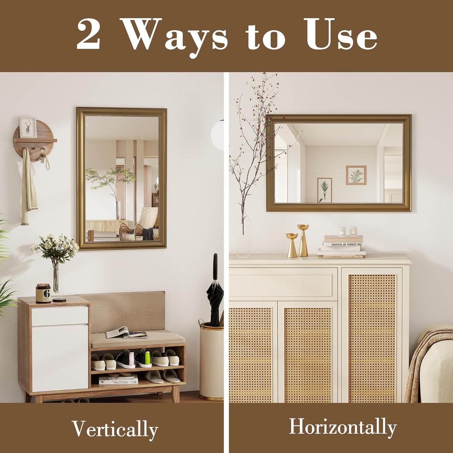 Axeman 28x36 Rectangular Wall Mirror, Decorative Bathroom Mirror, Traditional Vintage Wall Mounted Mirror with Beaded Frame for Accent Living Room Vanity Bedroom Entryway, Gold