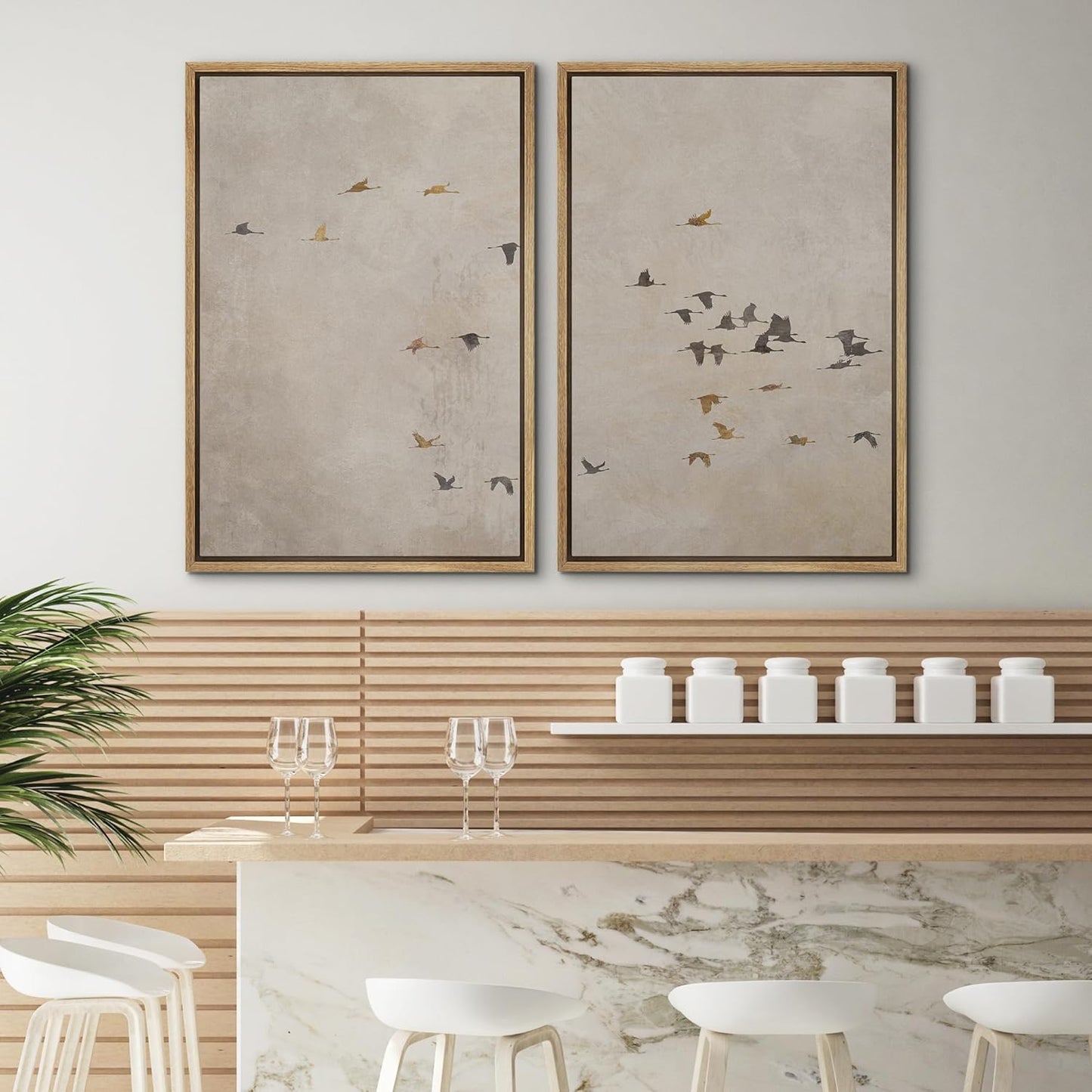 SIGNWIN Framed Canvas Print Wall Art Set Flying Birds Silhouette Minimalist Beige Illustrations Modern Minimal Decorative for Living Room, Bedroom, Office - 16"x24"x2 Natural