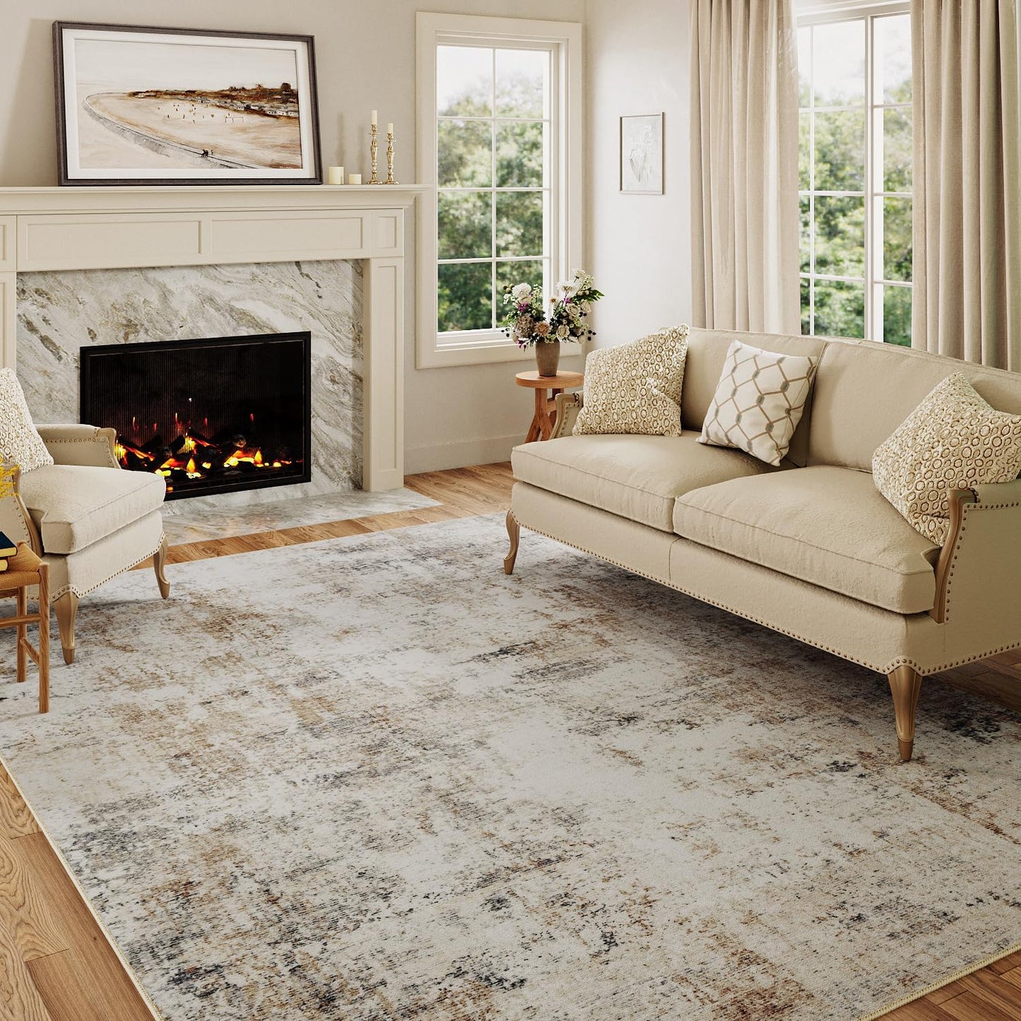 10x12 Washable Area Rug Gold Grey Neutral Abstract Living Room Bedroom Large Throw Rug Non Slip Soft Low Pile Indoor Floor Carpet for Dining Room Kitchen Office Entryway