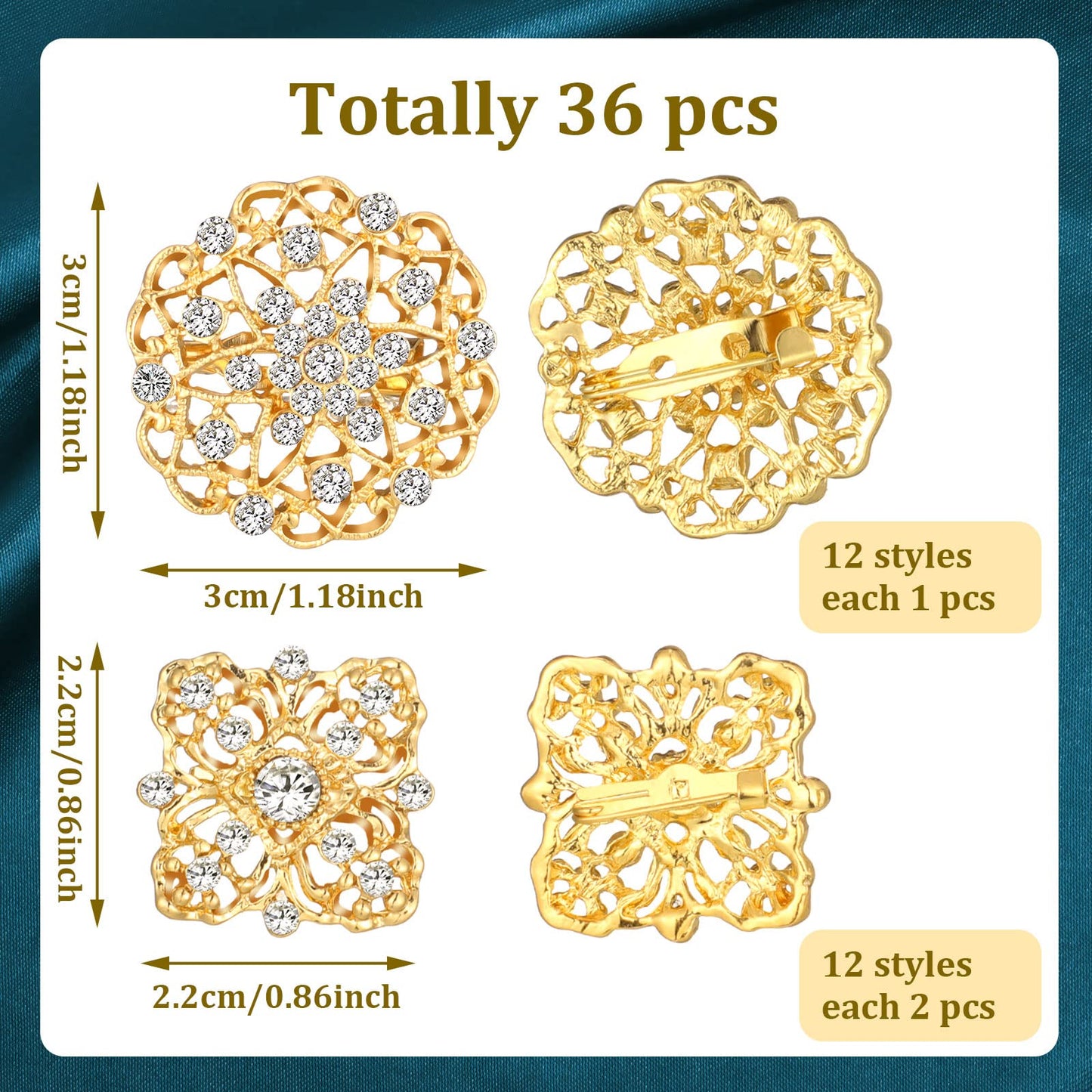 36 Pieces Clear Rhinestone Brooches for Crafts Crystal Flower Brooch Pins with Rhinestones silver Bulk Brooches Jewelry for Woman Flower Lapel Badge Pins DIY Wedding Bouquet Broaches Kit (Gold)