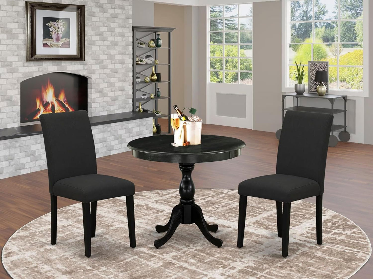 East West Furniture AMAB3-ABK-24 3 Piece Modern Dining Table Set Contains a Round Kitchen Table with Pedestal and 2 Black Color Linen Fabric Upholstered Chairs, 36x36 Inch, Wirebrushed Black