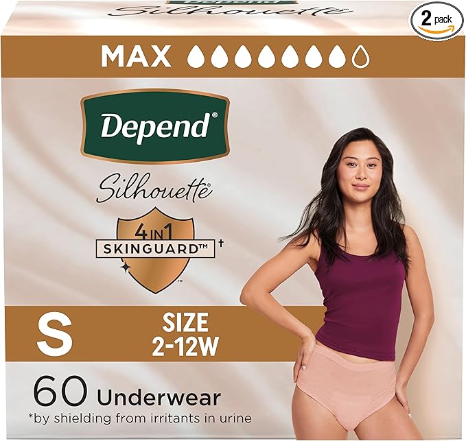 Depend Silhouette Adult Diapers, Incontinence & Postpartum Bladder Leak Underwear for Women, Maximum Absorbency, Small, Pink, 60 Count (2 Packs of 30), Packaging May Vary