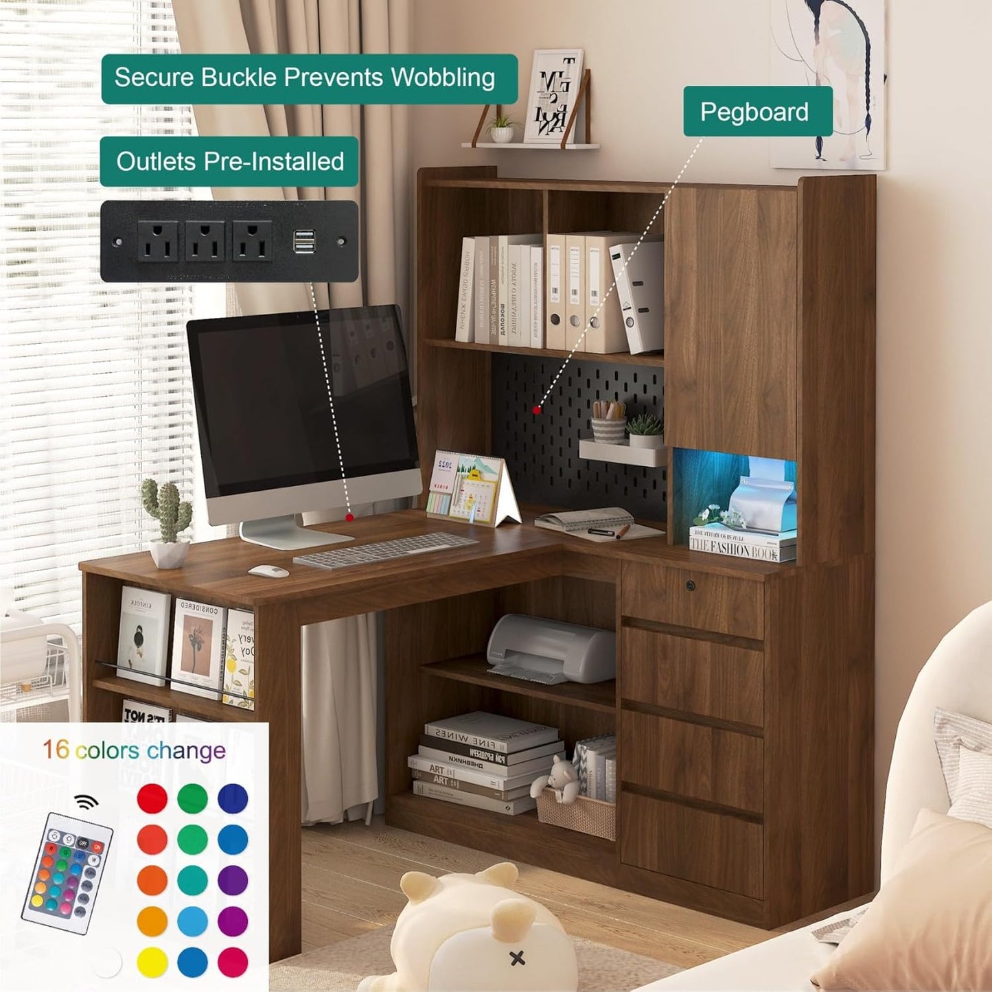 KEIKI L Shaped Home Office Desks with LED Light, Pegboard, Hutch, Drawers, Bookshelf & Storage Shelves, Modern Wooden Gaming Computer Corner Table for Work, Study, Writing
