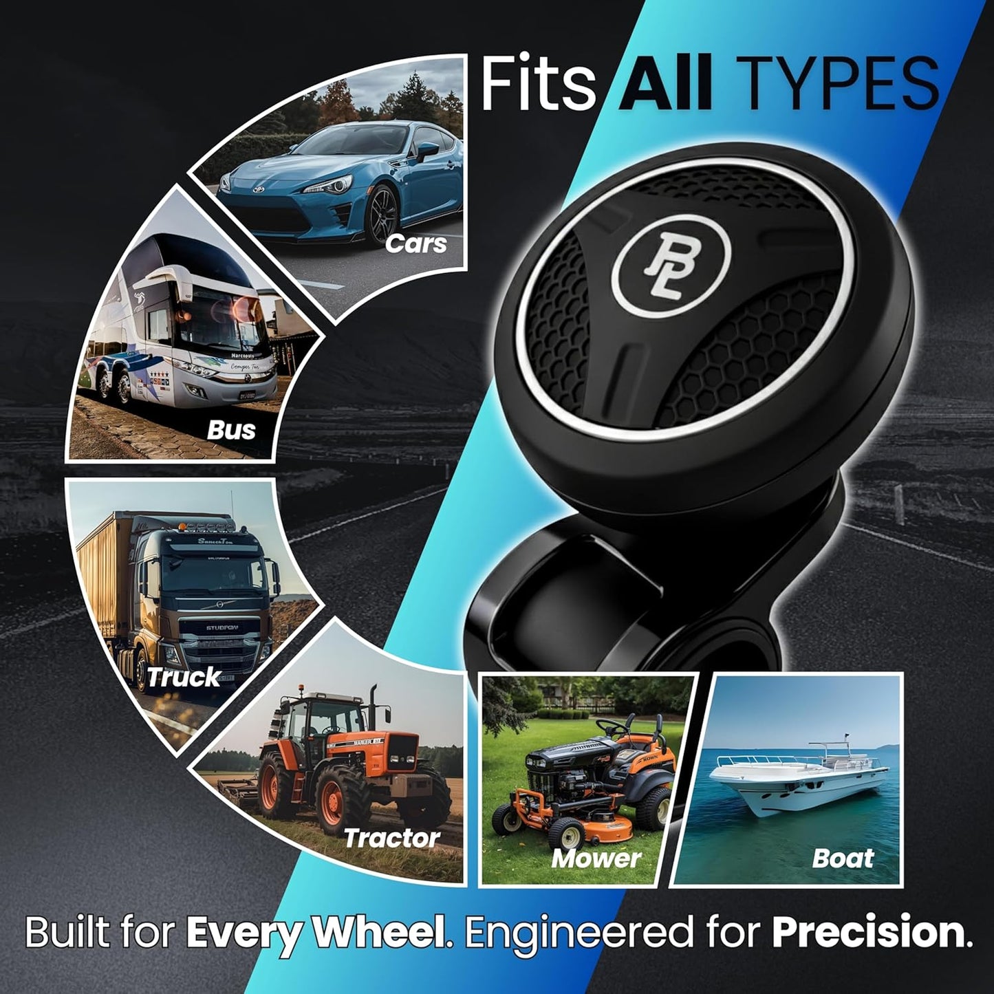BL Steering Wheel Knob Spinner - Universal Non-Slip Fit, ABS & Premium Silicone Finish Suicide Knob with Metal Ball Bearing - Ideal for Cars, Trucks, Boats (Silicone Silver)