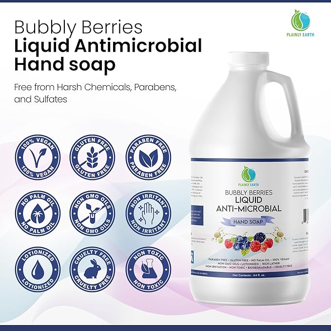AntiMicrobial Hand Soap, 64 oz Bulk Refill - Antibacterial Hand Soap, Gentle, Scented Moisturizing Hand Soap for Kitchen and Bathroom - Bubbly Berries