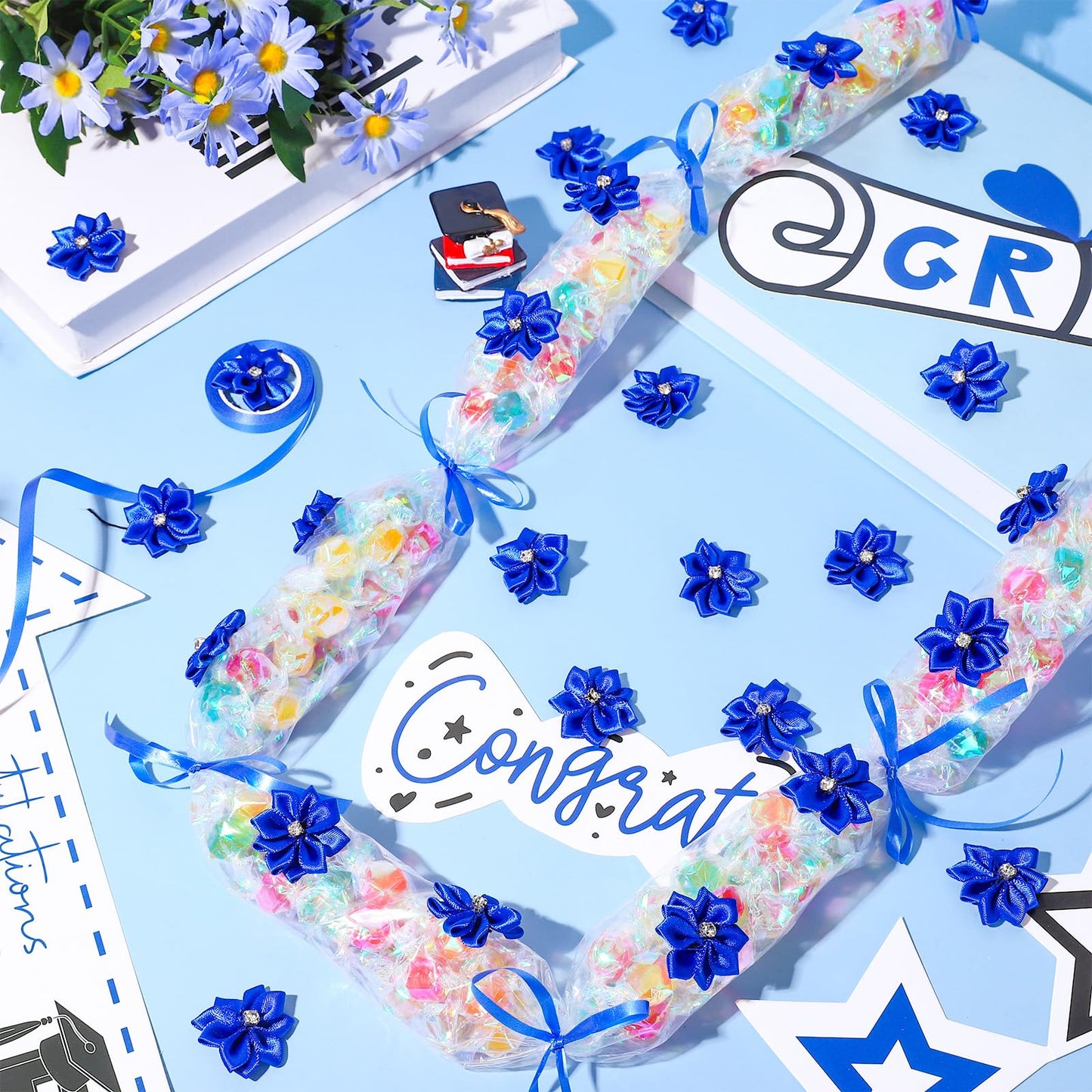 Whaline Graduation Candy Lei Making Kit, Blue DIY Graduation Wreath 26.2Ft Candy Lei Tubing Bags 50Pcs Flower Pieces 3 Roll Ribbons Congrats Grad Necklace for Grad Party Craft Favor