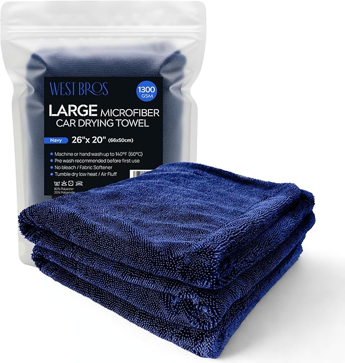 Large Car Drying Towel, 1300 GSM Professional Car Towel with Double Twisted Loop,Super Absorbent Large Microfiber Drying Towels for Cars, Trucks, SUVs - 20"x26", Navy