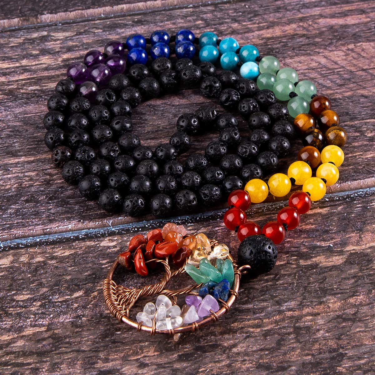 Bivei 108 Mala Beads Necklace Tree of Life 7 Chakra Wrap Bracelet Real Healing Gemstone Yoga Meditation Hand Knotted Mala Prayer Bead Necklace(Lava Rock Stone 6mm)
