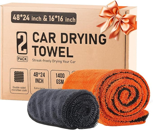 2 Pack Dual-Size Car Drying Towel, Microfiber Towels for Cars, Dual Sided Quick Dry Towel, Drying Towels Car Detailing for Cars, Trucks, SUV [Orange/Gray]