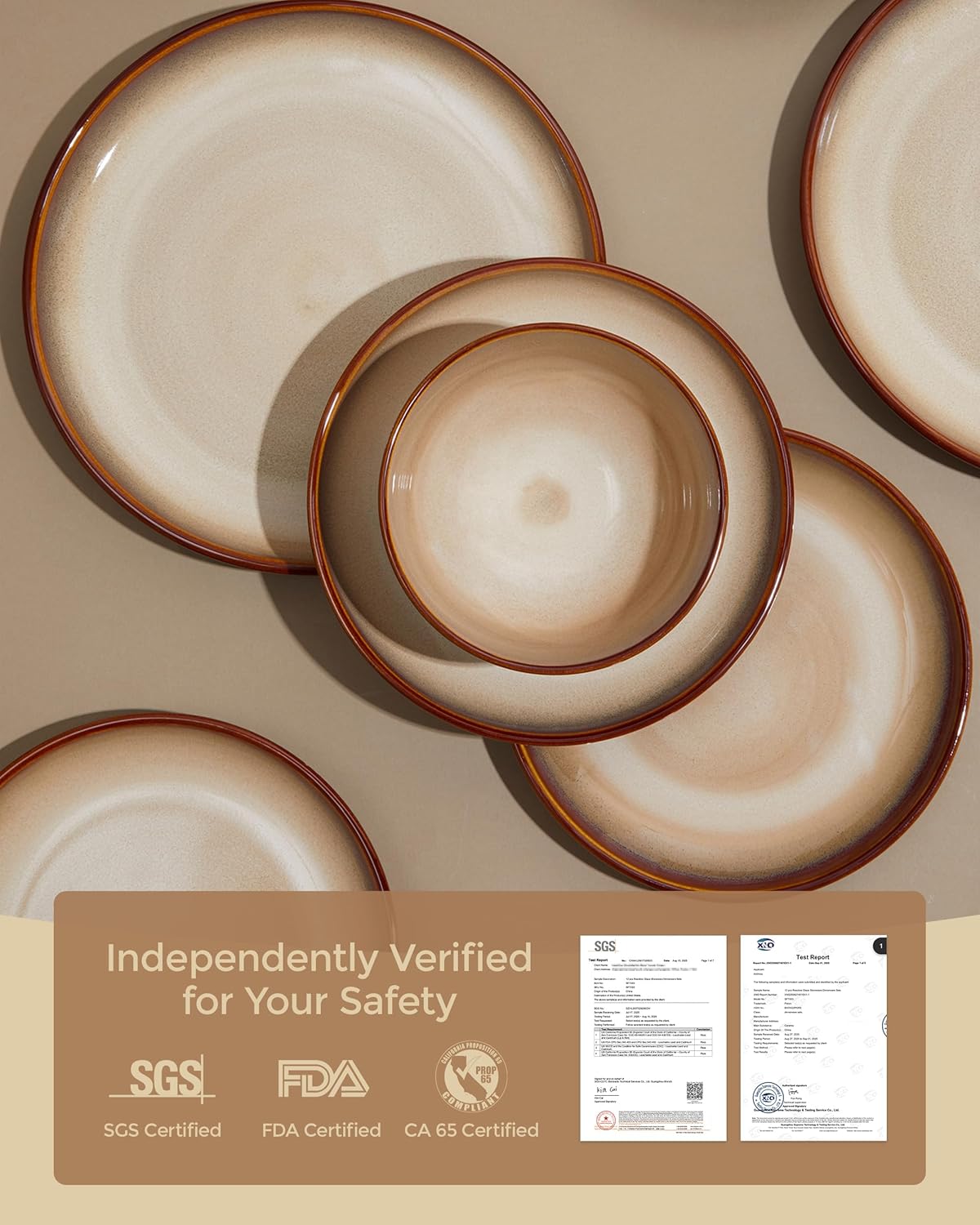 Stoneware Dinnerware Set Service for 4, 12 pcs Reactive Glaze Plates and Bowls Sets, Handmade Round Dishes Set, Highly Chip and Crack Resistant Modern Plate Set, Brown Yellow