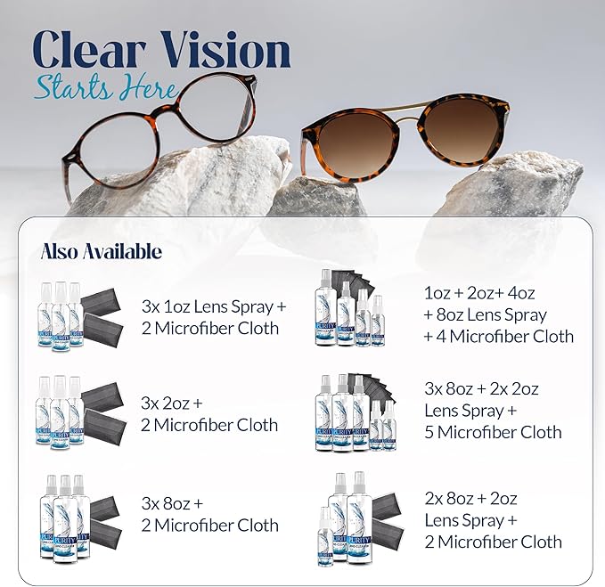 Purity Eyeglass Lens Cleaner Spray Kit - 3 x 8oz Lens Cleaner Spray Bottle + 2 Microfiber Cloth for Cleaning - Safe for All Lenses (AR Coated Included), Eyeglasses and Screens
