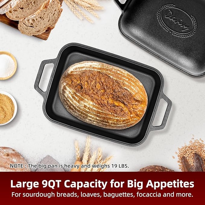 Davivy 9QT Large Dutch Oven for Sourdough Bread with Silicone Baking Mat, Pre-Seasoned Non-stick Cast Iron Sourdough Loaf Pan, Cast Iron Sourdough Baking Pan Large Capacity