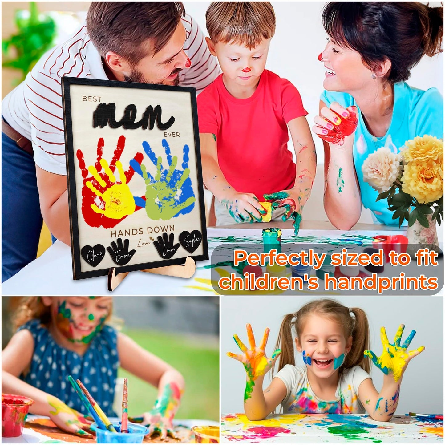 10" Hands Down Best Mom Ever Sign DIY Kids Gifts For Mom Handprint Kit with Acrylic Paints, Toddler Craft Birthday Gift Mother's Day Keepsake for Mum, Family Plaque with Daughter, Son Names HF90-M