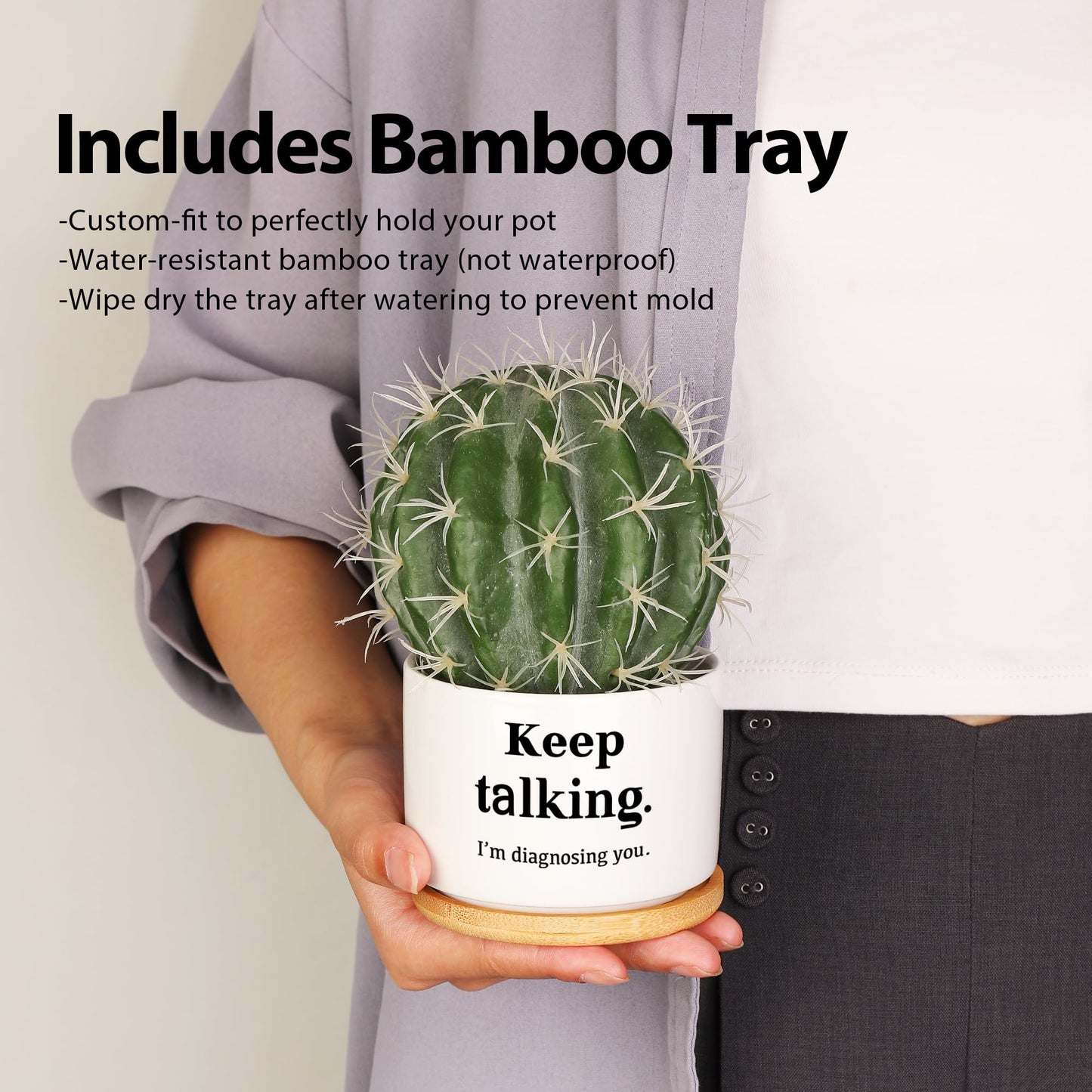 Loovelo Keep Talking I'm Diagnosing You Ceramic Succulent Plant Pot with Bamboo Tray Round Psychology Gifts Doctor Dr Therapist Psychiatrist 3.5 Inch White (No Plants)