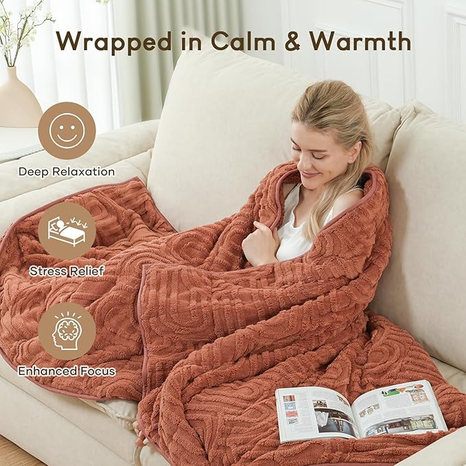Cottonblue Jacquard Weighted Blanket for Adults 15 lbs Queen Size, Cozy Fluffy Sherpa Fleece Weighted Throw Blankets 60" x 80" for Sleep Relax, Fuzzy Warm Arch Heavy Blanket for Bed Couch, Rust Pink