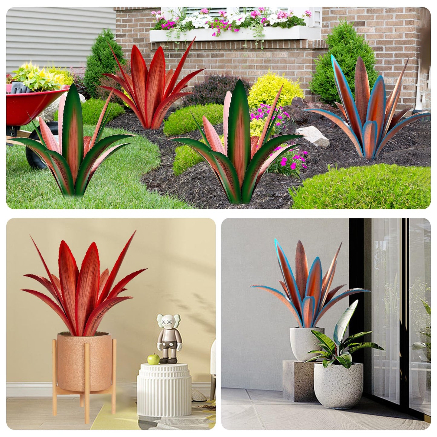 TOMBABY Enlarge Thickened Wind Resistant Metal Agave Garden Art Metal Plant Country Sculpture Statue Outdoor Decoration Agave Metal Plant Courtyard Garden Lawn Ornament Gift (1, 12 Leaves Blue)