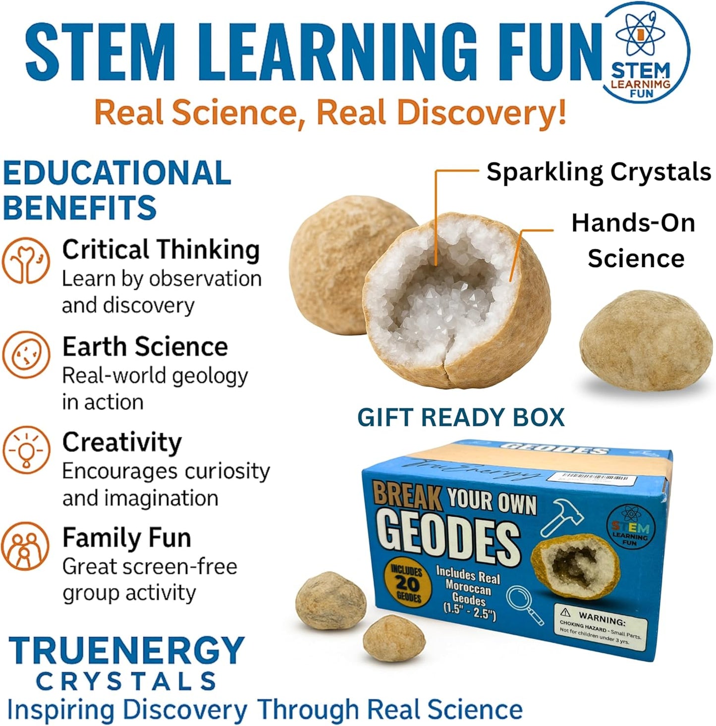 Break Your Own Geodes Kit for Kids – 20 Natural Geodes (1.0–1.5”) with Magnifying Glass & Learning Guide – STEM Science Rock Kit for Kids Ages 6–12 – Educational Gift for Classrooms & Parties