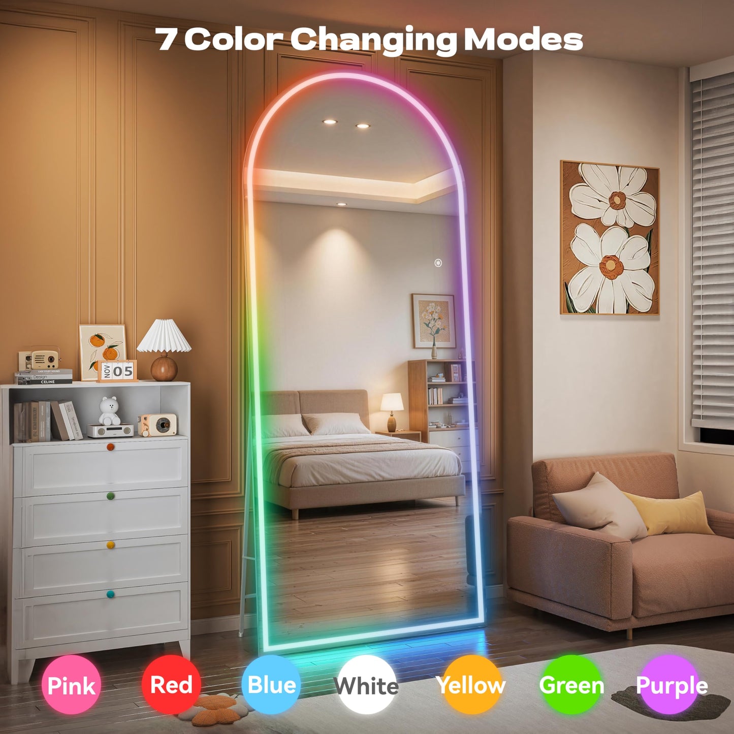 Hasipu Arch Full Length Mirror 79 x 32 in with Stand — Arch LED RGB Full Body Mirror, 7 Lighting Modes, Dimmable, Built‑in Bluetooth Speaker, White Frame for Bedroom Dressing Room
