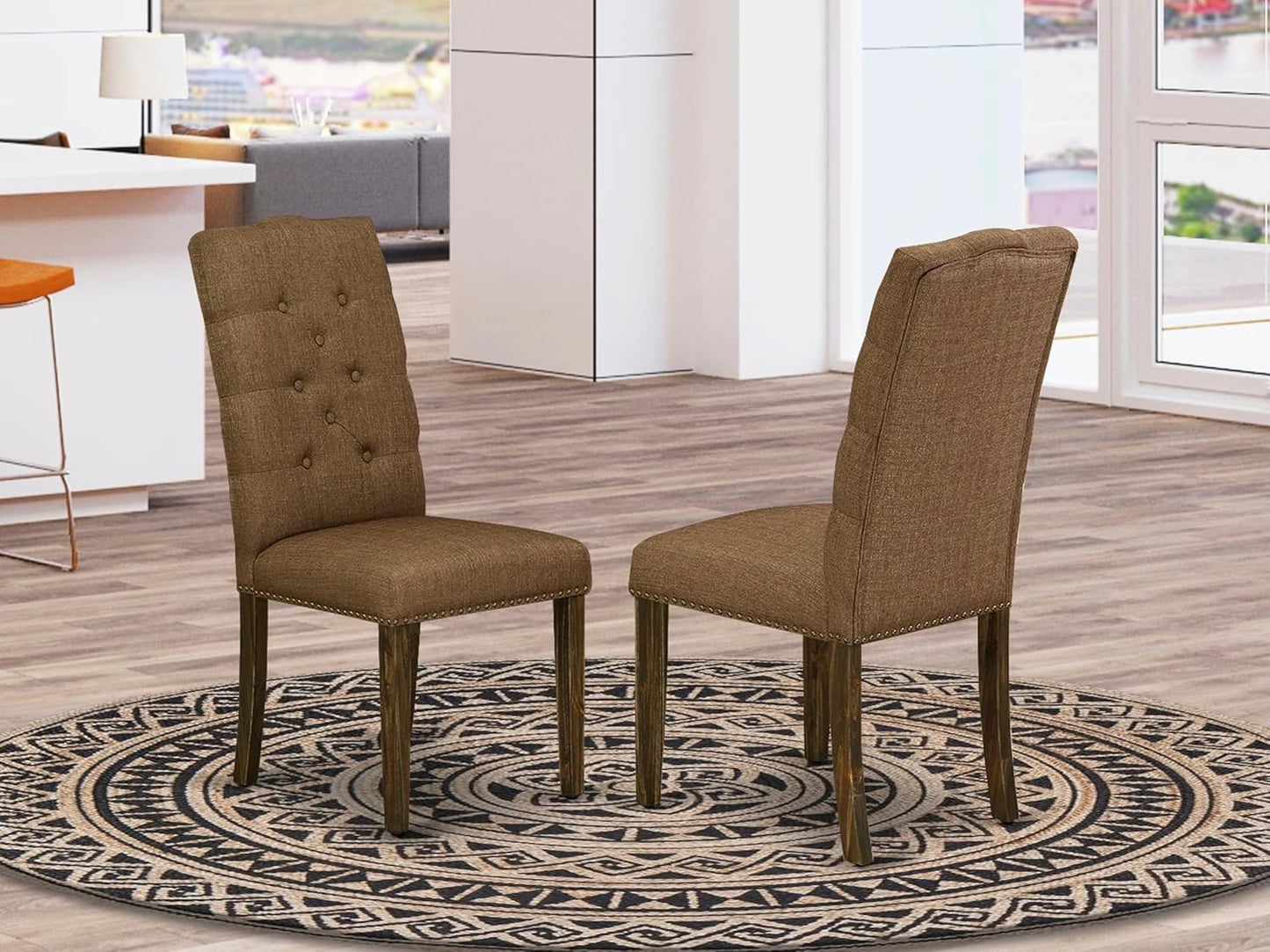 East West Furniture ELP7T18 Elsa Parson Chairs - Button Tufted Nailhead Trim Brown Linen Linen Fabric Padded Dining Chairs, Set of 2, Jacobean