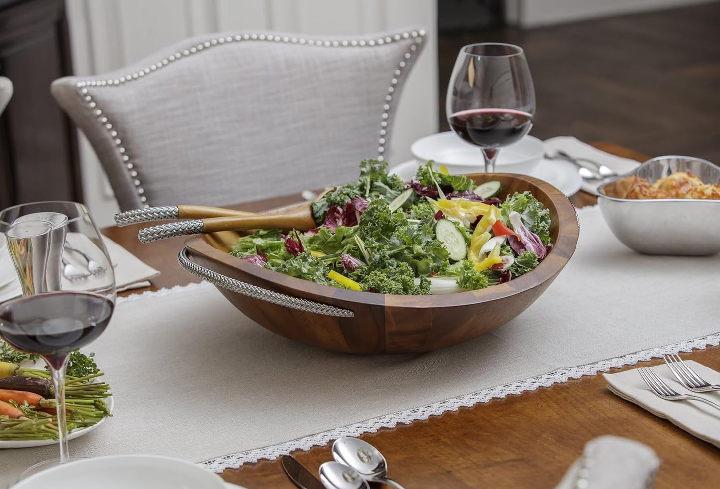 Nambe Braid Salad Bowl with Servers - Acacia Wood Bowl with Chrome Handles - 16" Large Serving Dish with 12” Serving Utensils for Entertaining & Dining, Durable & Stylish - Designed by Sean O’Hara