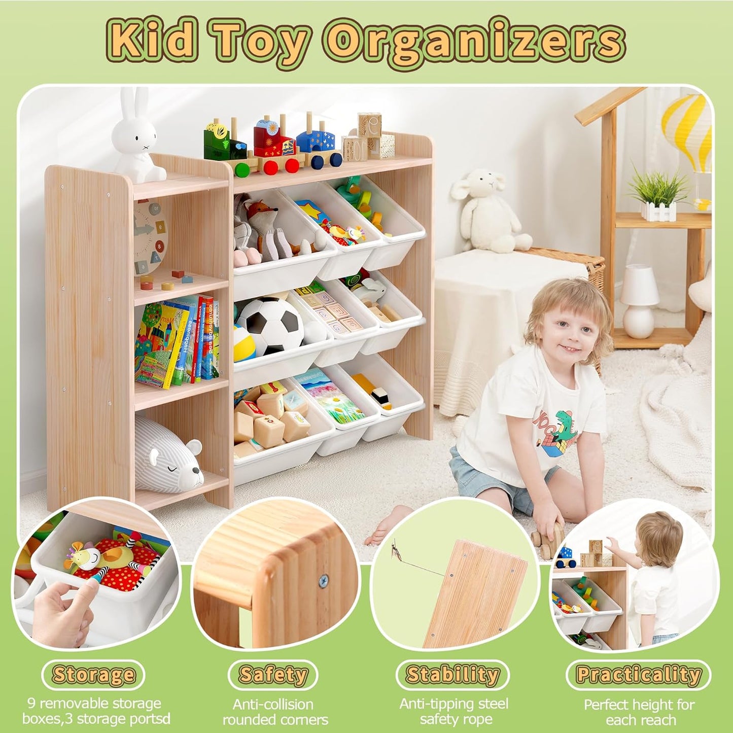 MallBest 4-Tier Kids' Toy Storage Organizer Shelf - 100% Solid Wood,Children's Storage Cabinet with 9 Plastic Bins and and 3 Storage Ports (Varnish-Single Color)