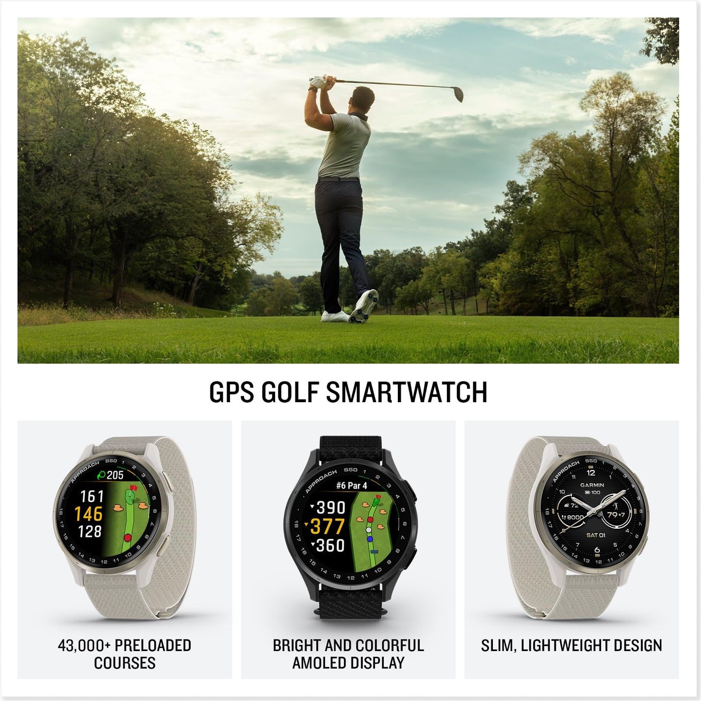 Garmin Approach S50 (Slate/Black) Golf Gps Smartwatch Bundle - 1.2 Amoled Display, On-Course Features, Wrist Heart Rate With Pla