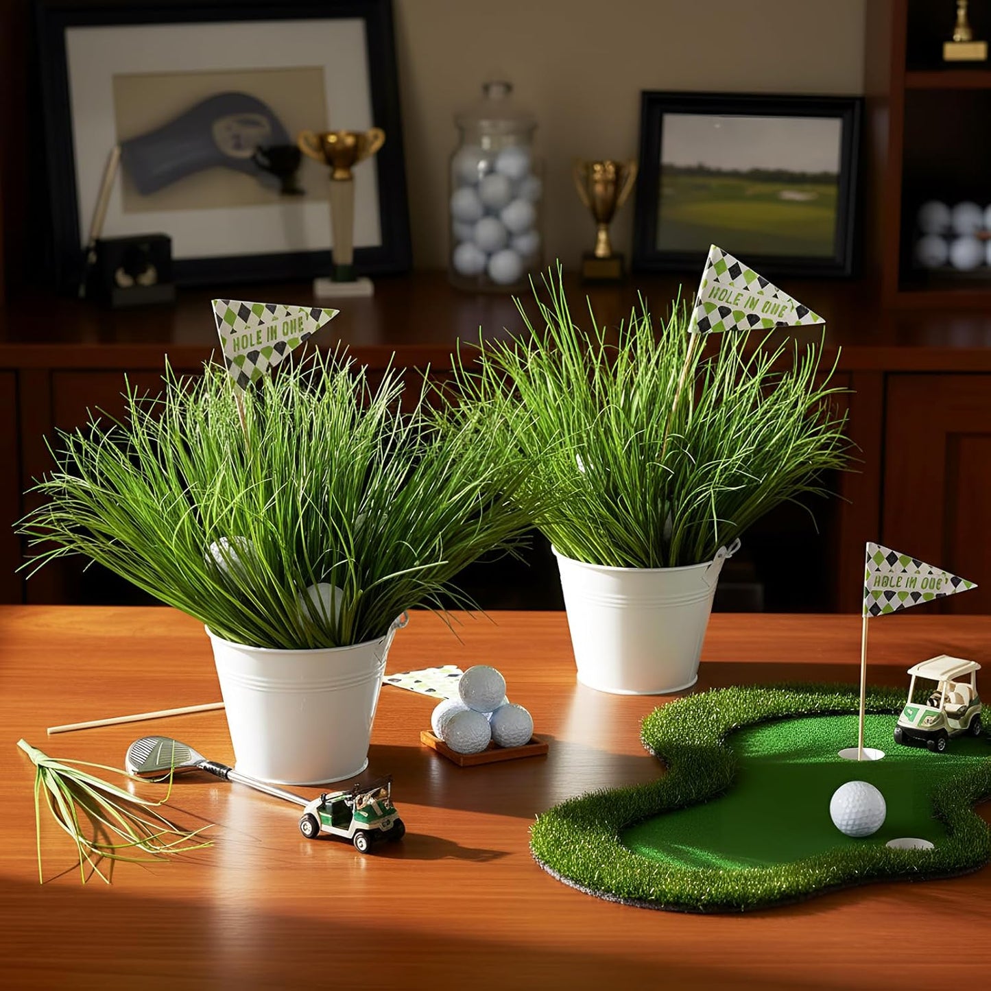 Soulchen Golf Party Table Decorations Kit Includes 6 Iron Bucket 12 Mini Golf 90 Artificial Grass 6 Flags Centerpiece for Birthday Sport Themed Party Desk Supplies Rugby Favors (6 Set,Chic)