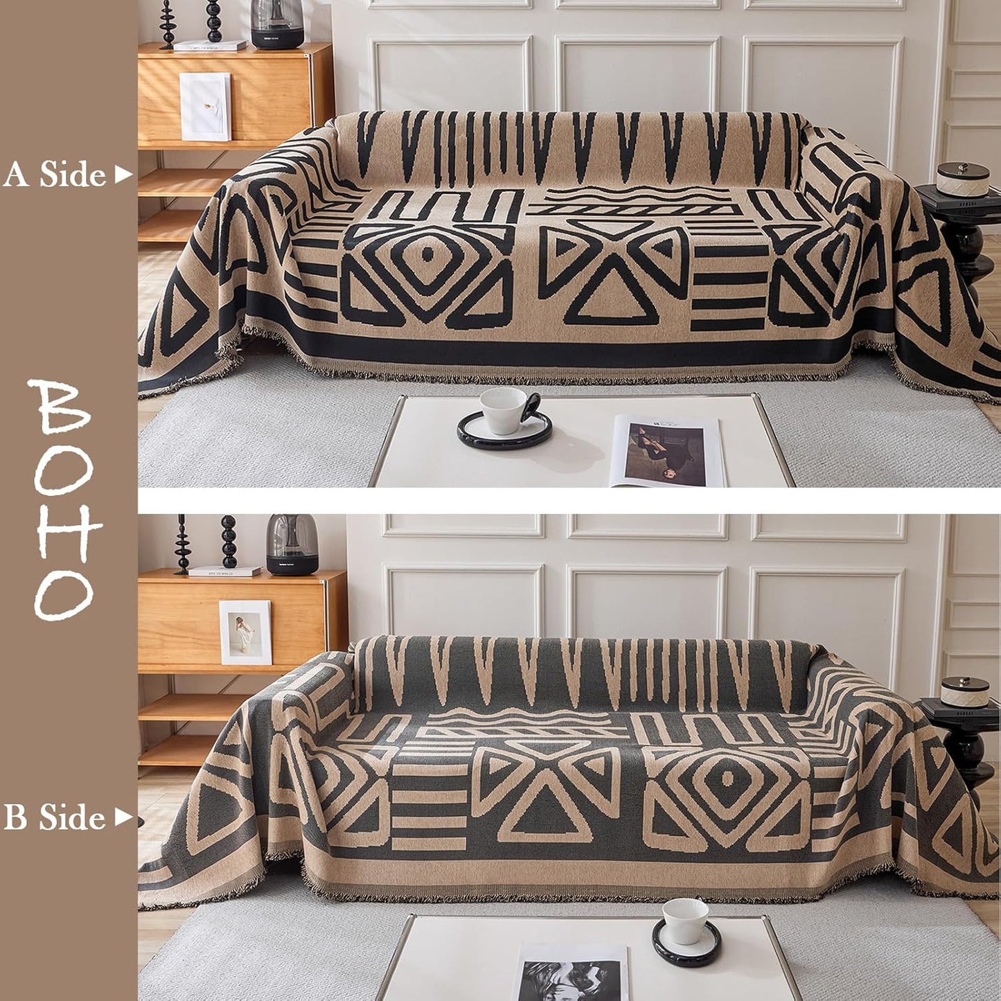 HANDONTIME Boho Geometric Couch Covers for Sofa Pet Friendly Taupe and Black Sofa Covers Washable Chenille Couch Blanket Cover for 3 4 Cushion Couches Pet Protector Furniture Cover Soft, 71" X 150"